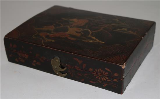 A collection of one hundred and fifty five mother of pearl gaming counters in a chinoiserie lacquered box, box. 8in.